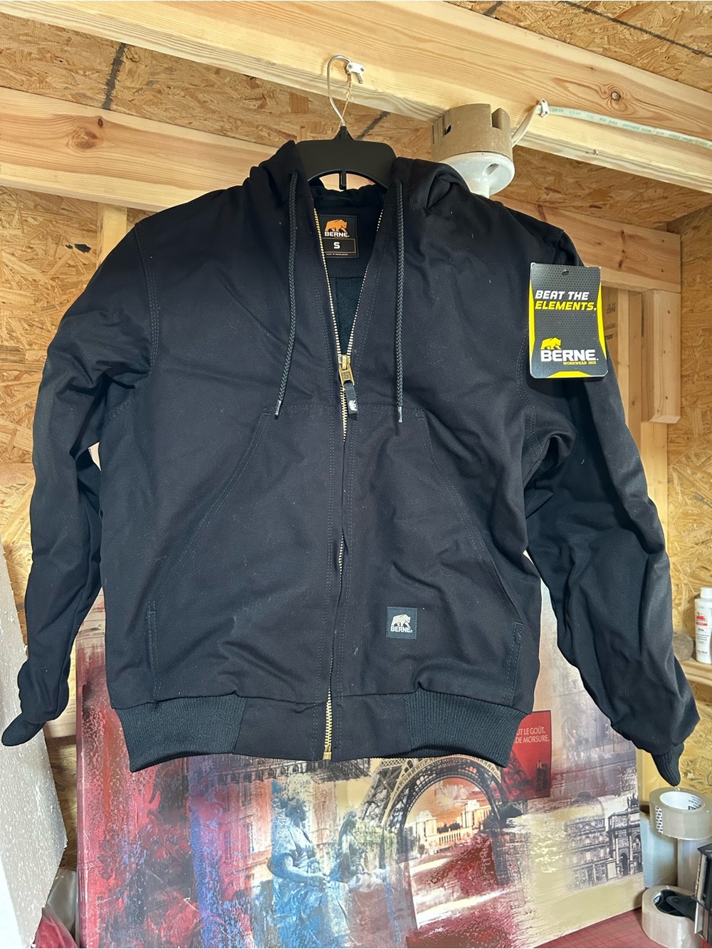 Berne Canvas Black Hooded Jacket Men's Size SMALL 36-38 Quilted HJ51BK